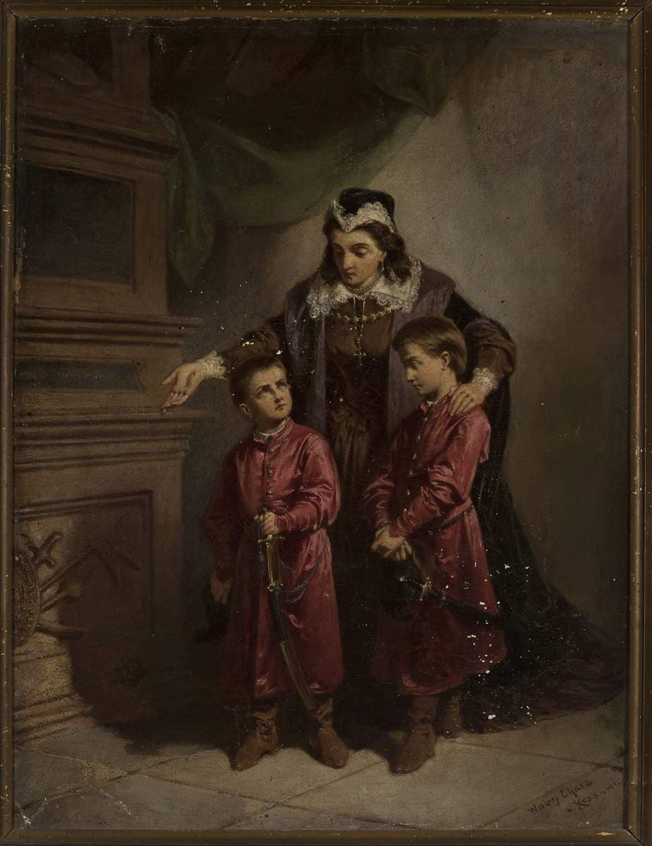 Teofila Sobieska with her sons at the grave of Żółkiewski — Walery Eljasz Radzikowski