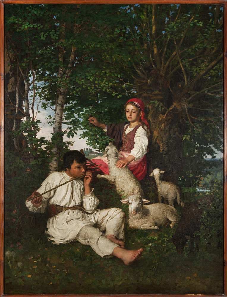 Pair of shepherds in the forest – Idyll — Kazimierz Pochwalski