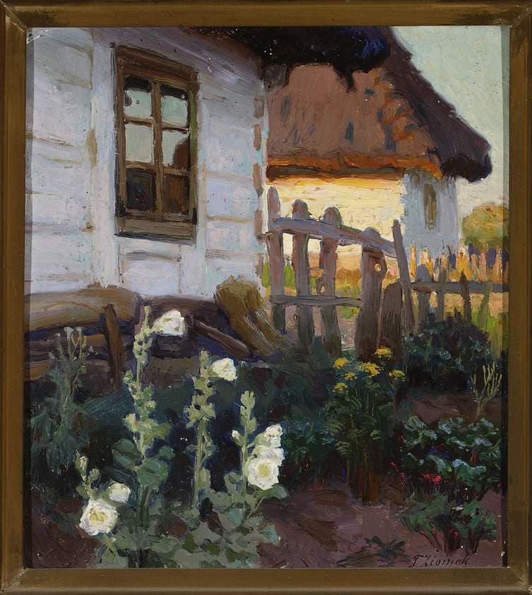 Landscape with a cottage and hollyhocks — Teodor Ziomek