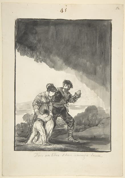 God save us from such a bitter fate; a bandit threatening a woman and a child with a knife, page 41 from the "Black Border Album" (E) — Francisco Goya