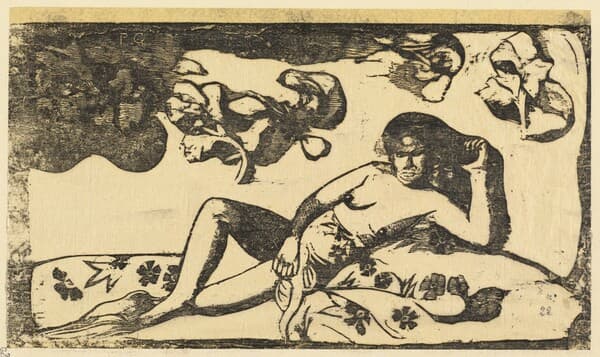 The artwork features a reclining figure, lying on their side with their head propped up on one hand and the other arm resting across their body. The facial features are stylized, with dark shading around the eyes and mouth, and short hair. The figure is draped in a cloth with floral patterns, lying on a surface with floral motifs. There are no visible jewelry or objects. The background includes abstract, cloud-like forms and floral patterns, with the initials "P.G." in the upper left corner.