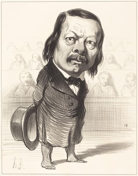 The image depicts a full-body caricature drawing of a person standing with their hands behind their back, holding a top hat. The person is facing forward, with a slightly turned head, exuding a prominent facial expression. Their face features exaggerated large eyes, facial lines, and a bushy mustache. The hair is long and flows down to their shoulders. The person is dressed in formal attire, consisting of a long, dark coat, a shirt, and a bow tie. The clothing appears to have a tailored look typical of formal wear. In the background, there is a faint sketch of seated people.