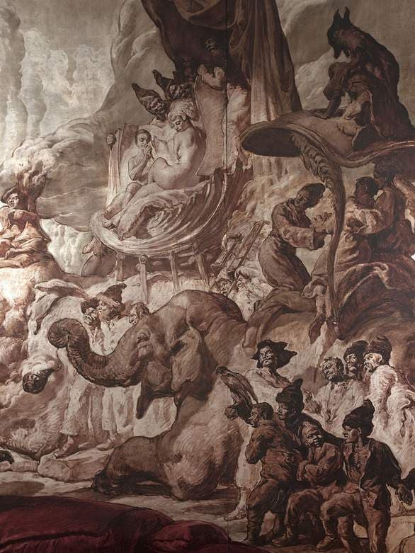 La reine de Saba, prête à quitter son royaume pour aller retrouver le roi Salomon, est assise sur une conque de nacre — Josep Maria Sert