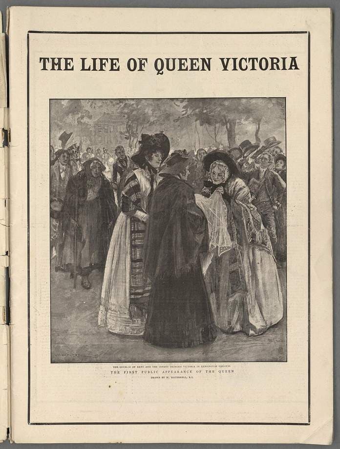 The Duchess of Kent and the infant Princess Victoria in Kensington Gardens the first public appearance of the Queen — William Hatherell
