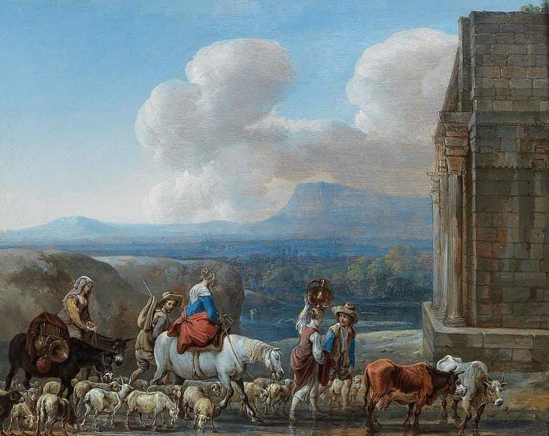 Shepherds and travellers by a triumphal arch in the Roman Campagna — Jan van den Hecke