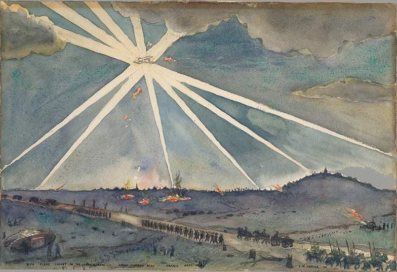 Hun Plane Caught in Searchlights - Arras-Cambrai Road - France - Sept 1918 — David McAusland Carlile
