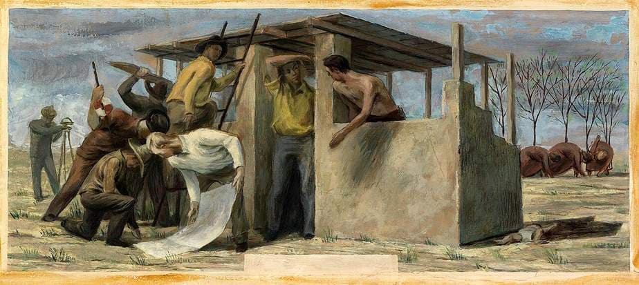 Settlers in Collingsworth County (study for mural, Wellington, Texas Post Office) — Bernard Patrick Arnest