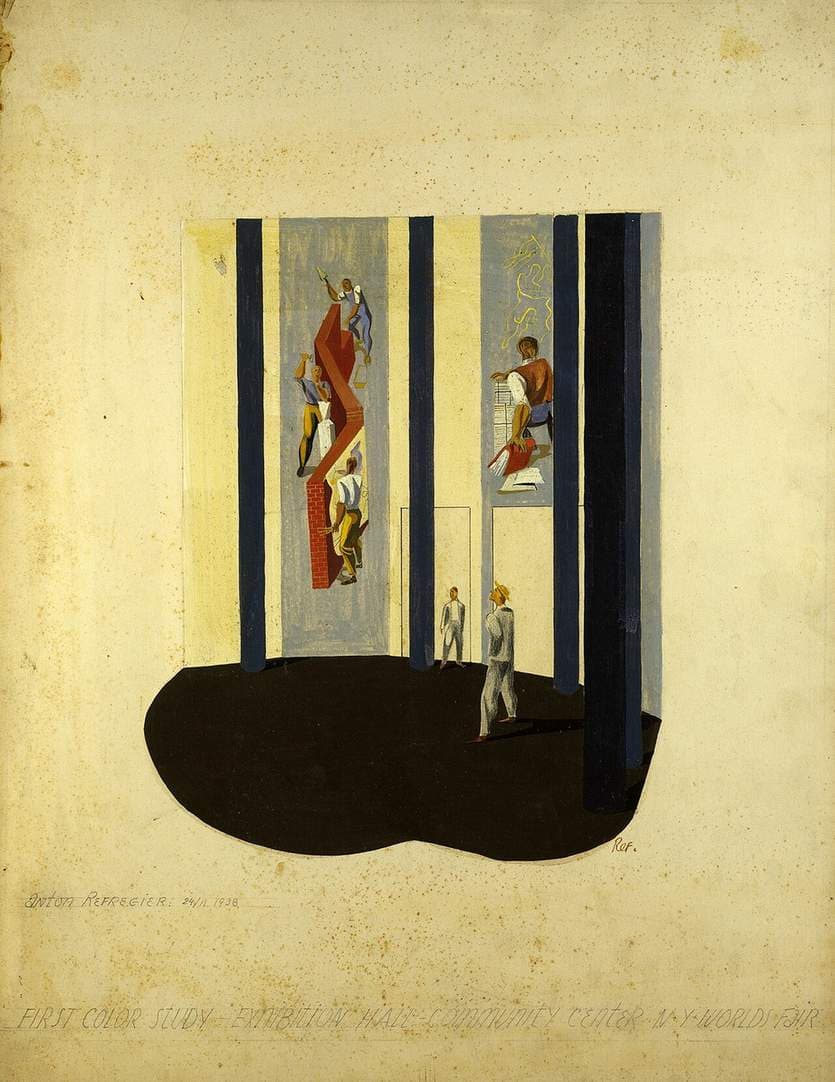First Color Study, Exhibition Hall, Community Center, New York World's Fair (perspective sketch for mural, Cultural Activities in the WPA, WPA Building) — Anton Refregier