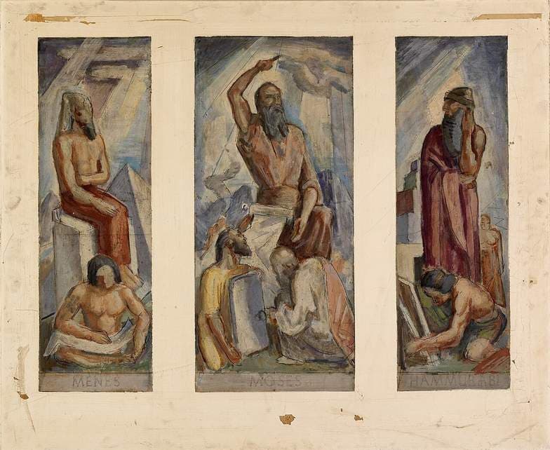 Menes, Moses, Hammurabi (mural study, "The Law Givers," U.S. Department of Justice, Washington, D.C.) — Boardman Robinson