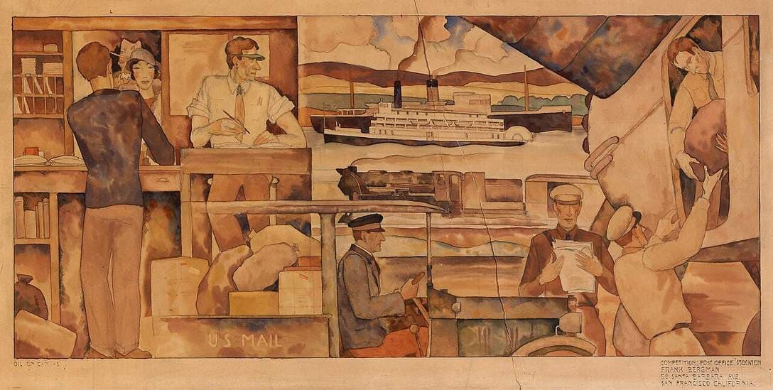 Mail Carriers of Today (mural study, Stockton, California Post Office) — Franz Bergmann