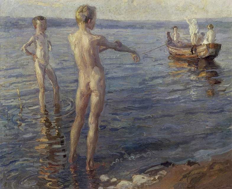 Summer's evening at the lake (Boys taking a bath) — Christian Landenberger