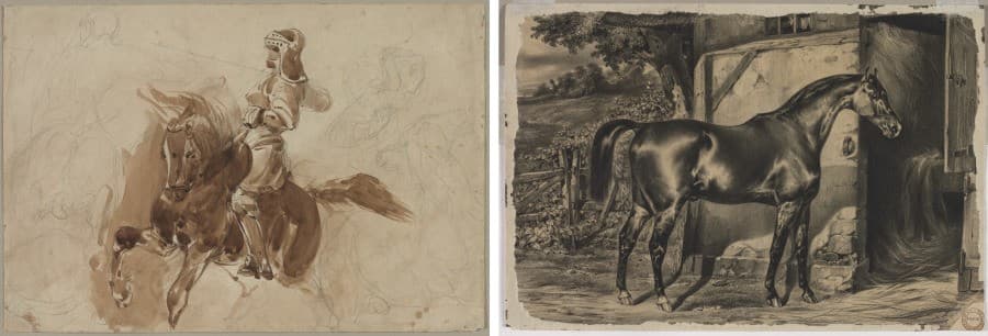 Armored Figure on Horseback (recto); Horse in Front of a Barn (verso) — Delacroix studies of the figure and costume; both sides of one sheet remain one accession.