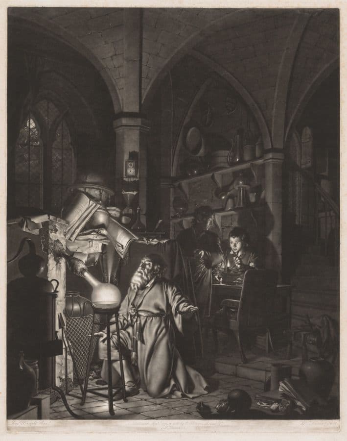 The Alchymist, in Search of the Philosopher's Stone, Discovers Phosphorus, and Prays for the Successful Conclusion of his Operation, as was the Custom of the Ancient Chymical Astrologers — Mezzotints after Joseph Wright: scientific discovery and skilled industrial labor. Engravers and the source painter retain distinct roles.