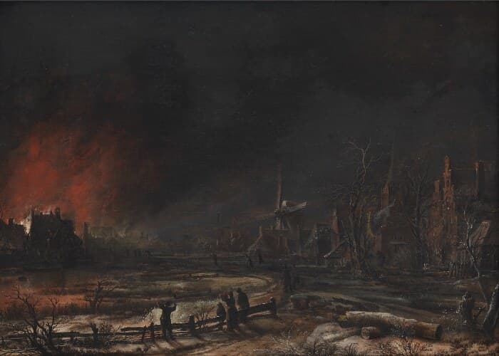 Fire by Night in the Winter — Aert van der Neer