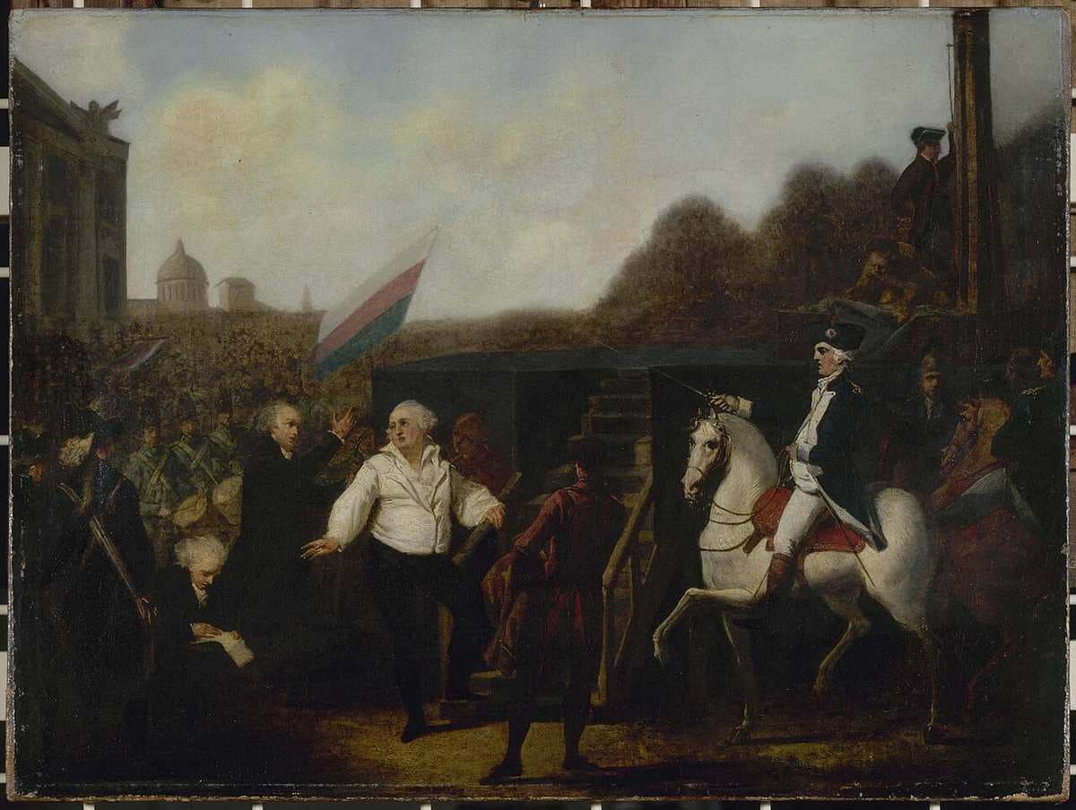 Louis XVI and Abbot Edgeworth de Firmont at the foot of the scaffold, January 21, 1793 — Charles Benazech