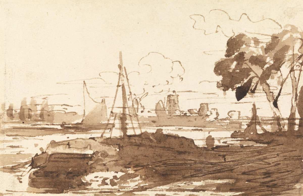 Ships on a River with Buildings in the Distance — John Varley