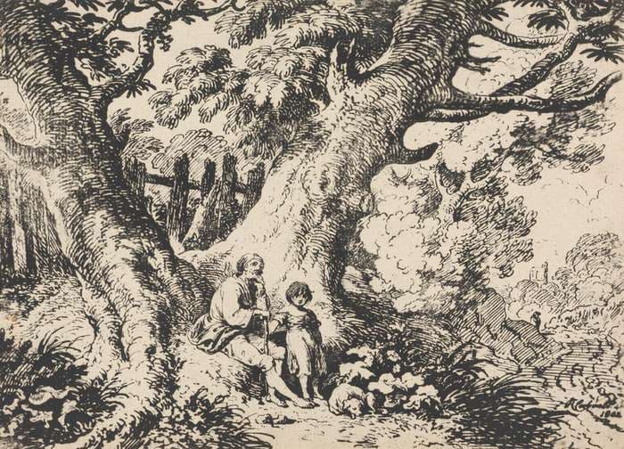 Old Trees with Old Man, a Girl and a Dog — Richard Corbould