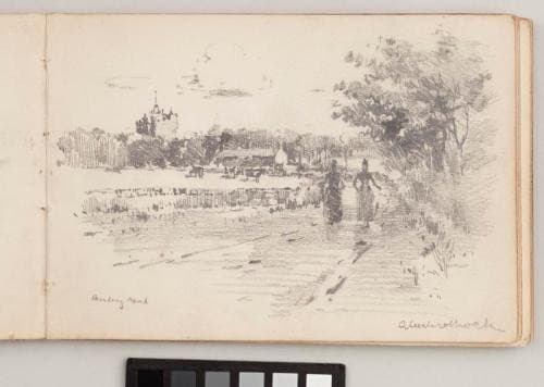 recto: Denley Road, Aberbrothock, verso: woman carrying a creel: - Leaf from Artist's Sketchbook - James Watterson Herald — James Watterson Herald