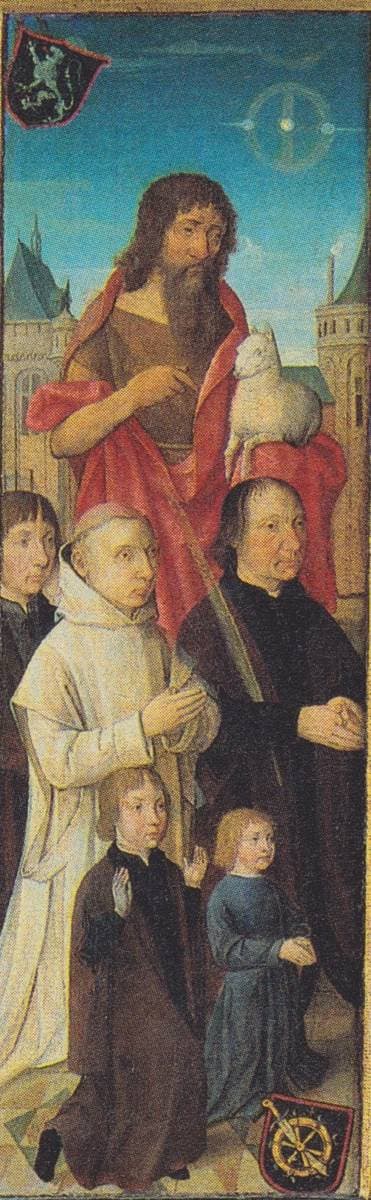 Portrait of Dirck van Heemskerck van Beest (....-1545) with his sons and St. John the Baptist — Master of Delft