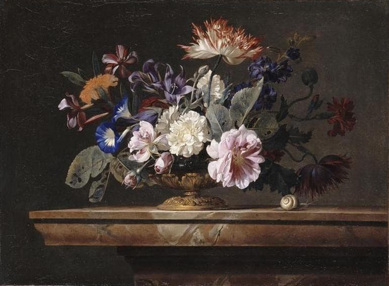Flowers in a glass vase with metal mounted foot on a marble ledge — Willem van Aelst
