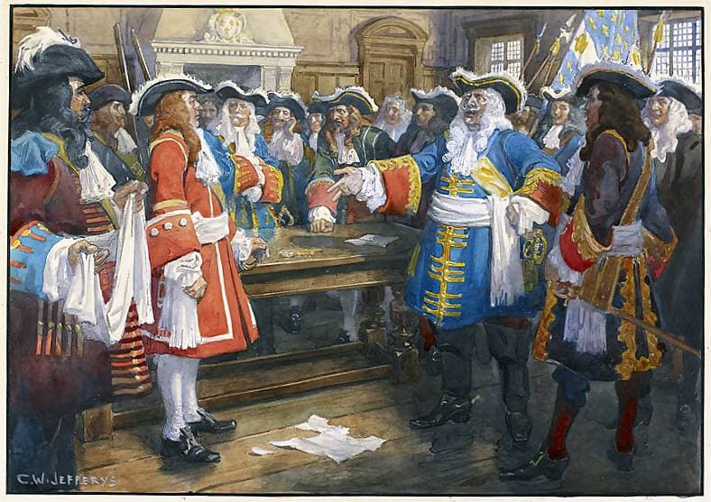 Frontenac receiving the envoy of Sir William Phipps demanding the surrender of Quebec, 1690. — Charles William Jefferys