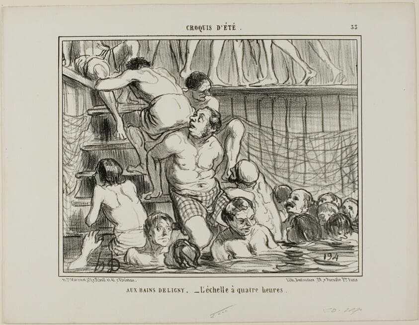 At the Deligny Baths. - The ladder at 4 p.m., plate 33 from Croquis D'été — Honoré Daumier