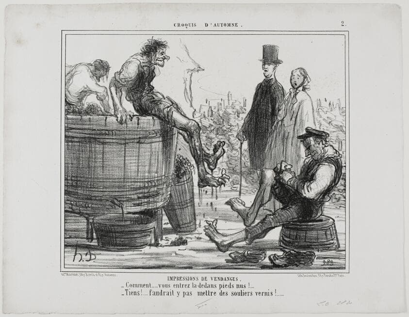 Impressions From the Vintage. “- What! You are treading bare-foot? - So what… you wouldn't want us to do it in our dancing shoes!,” plate 2 from Croquis D'automne — Honoré Daumier