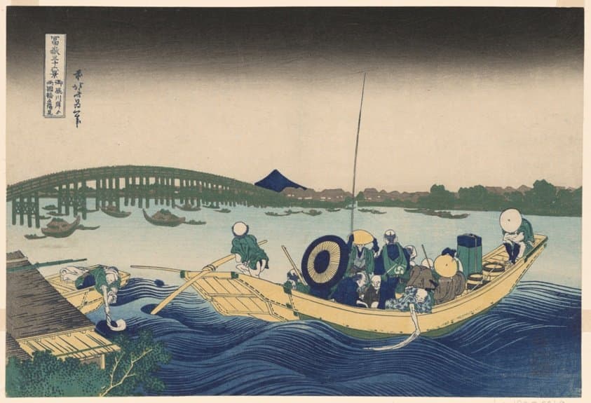 Fuji from Ommayagashi with Twilight over Ryogoku Bridge (Ommayagashi yori ryogokubashi sekiyo o miru), from the series "Thirty-six Views of Mount Fuji (Fugaku sanjurokkei)" — Katsushika Hokusai