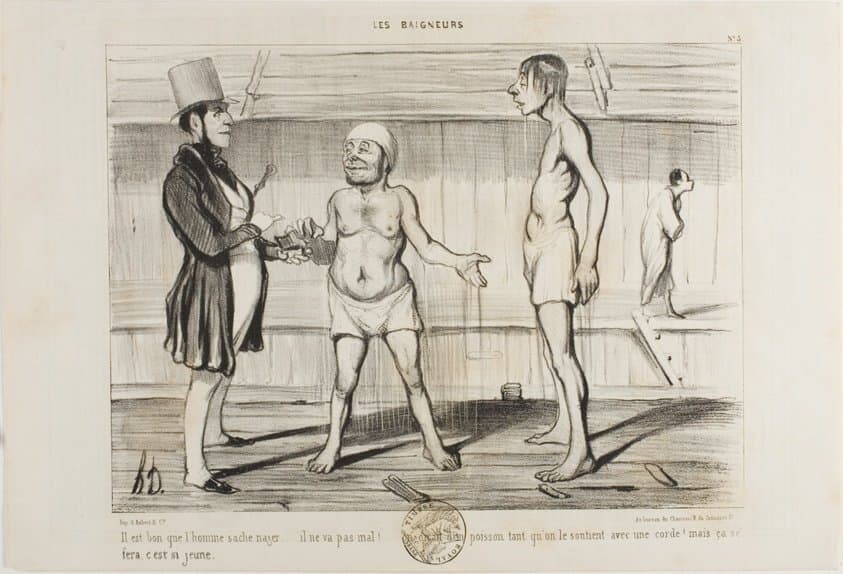 “It's important for a man to know how to swim. He is not doing so badly for a start. You could think it's a fish, at least while he is attached to the cord. But he'll learn it… he is still young!,” plate 5 from Les Baigneurs — Honoré Daumier