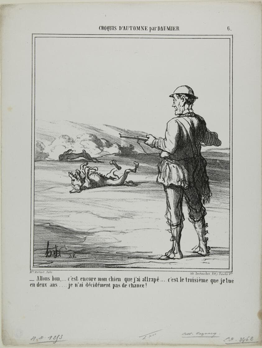 “- Oh blast! .... it's again my own dog that I shot..... that's the third one in two years.... I'm really not very lucky at hunting!,” plate 6 from Croquis D'automne par Daumier — Honoré Daumier