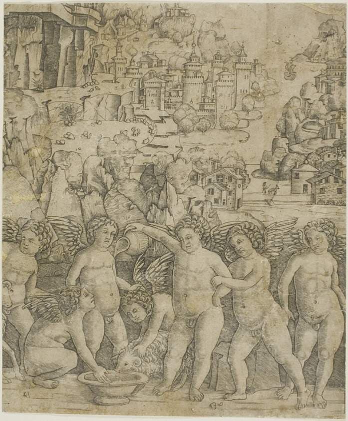 Seven Cupids with Two Rams in a Landscape — Giovanni Antonio da Brescia