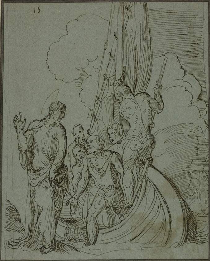 Christ Walking on the Water, Peter Following — Domenico Campagnola