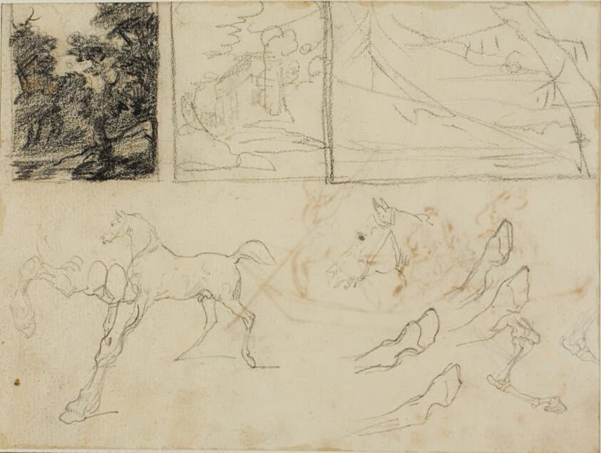 Sheet of Sketches: three Landscapes, Horses, and Hooves — Théodore Géricault