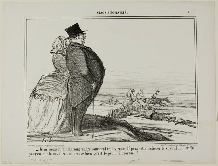 “- I'll never understand, how these exercises are supposed to ameliorate the condition of a horse..... the only thing that really counts is that the horseman feels good,” plate 1 from Croquis Équestres — Honoré Daumier