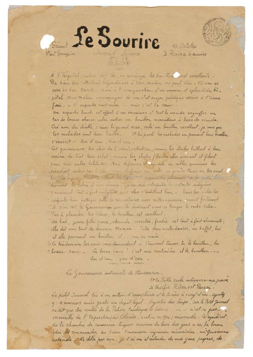 Le sourire: Journal sérieux, Oct. 13, 1899 — Paul Gauguin