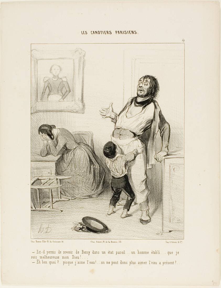 “- It really shouldn't be allowed to return from Bercy in a state like this.... an established man like you.... I am so unhappy, my God! - What's wrong?...after all, I like the water.... am I not allowed to like the water anymore?,” plate 4 from Les Canotiers Parisiens — Honoré Daumier