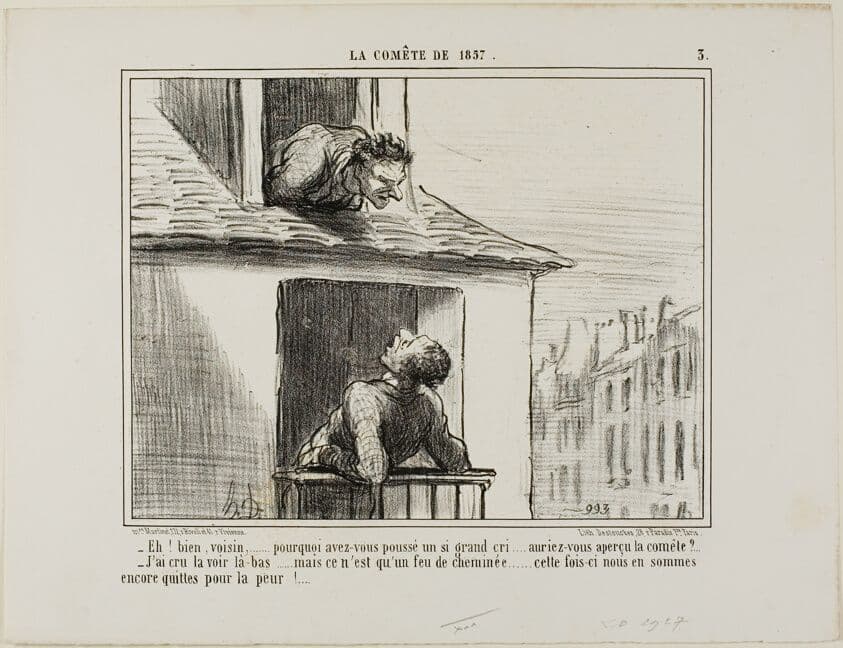 “- Hello, neighbour... what was all this yelling about... did you see the comet? - I thought I had seen it over there... but then it was just the fire from a chimney... this time we got off with no more than a fright,” plate 3 from La Cométe De 1857 — Honoré Daumier