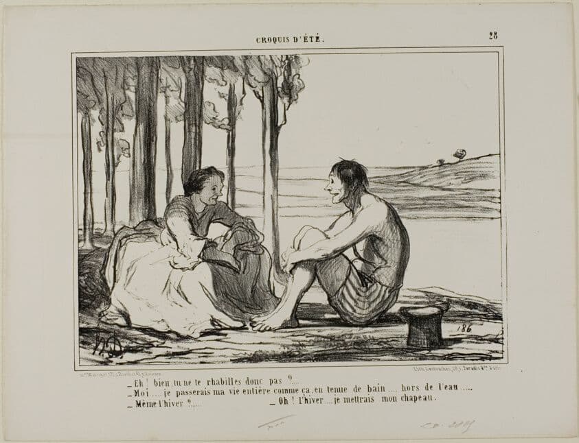 “- Aren't you getting dressed? - No... I remain like this in my swimming gear all day long, outside the swimming pool. - Even in winter? - Then I put on my hat!,” plate 28 from Croquis D'été — Honoré Daumier