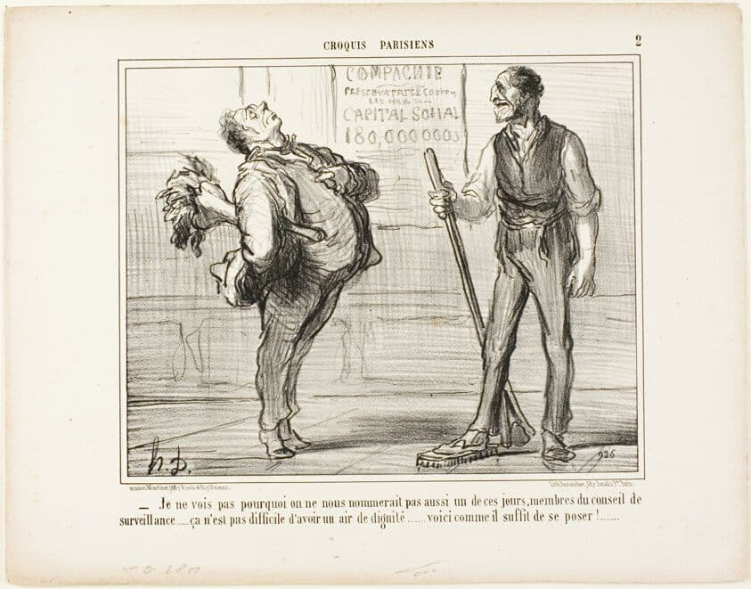 “- I really don't see why we shouldn't be nominated members of the surveillance council one of these days..... after all it isn't that difficult to look dignified... how about a pose like this?,” plate 2 from Croquis Parisiens — Honoré Daumier