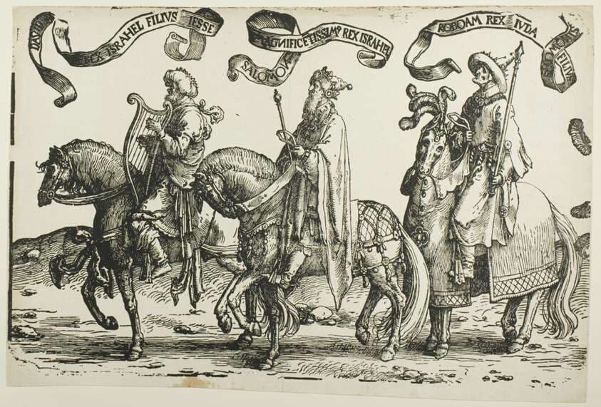 David, Solomon, Rehoboam, plate one, from The Twelve Kings of Israel — Lucas van Leyden
