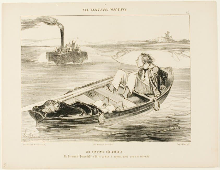 An Unpleasant Encounter. “Bernardel, Bernardel! Here comes the steamer... we will sink!,” plate 16 from Les Canotiers Parisiens — Honoré Daumier