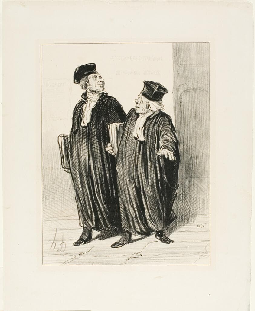 “- Finally we obtained the division of property between husband and wife... - about time, there was no more money left to divide,” plate 3 from Les Avocats Et Les Plaideurs — Honoré Daumier