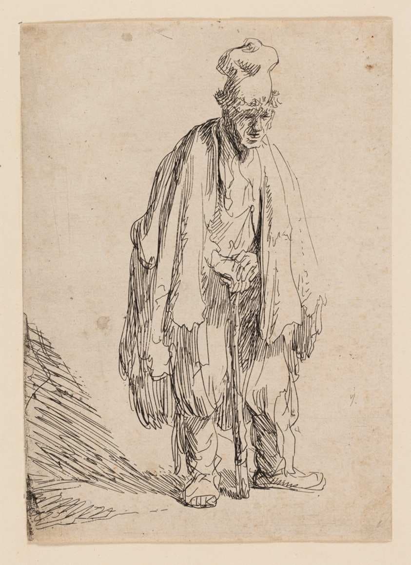 Beggar in a High Cap, Standing and Leaning on a Stick — Rembrandt van Rijn