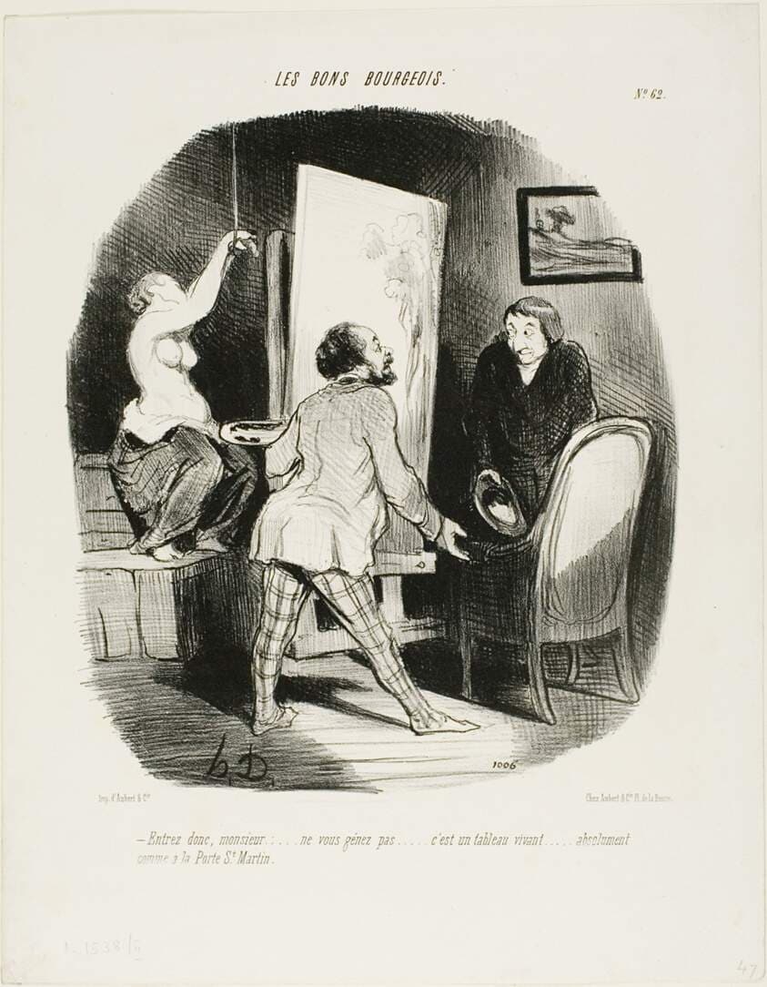“Come on in, Monsieur, don't be shy. It's a living picture.... just like (you'd see) at the Porte St. Martin,” plate 62 from Les Bons Bourgeois — Honoré Daumier