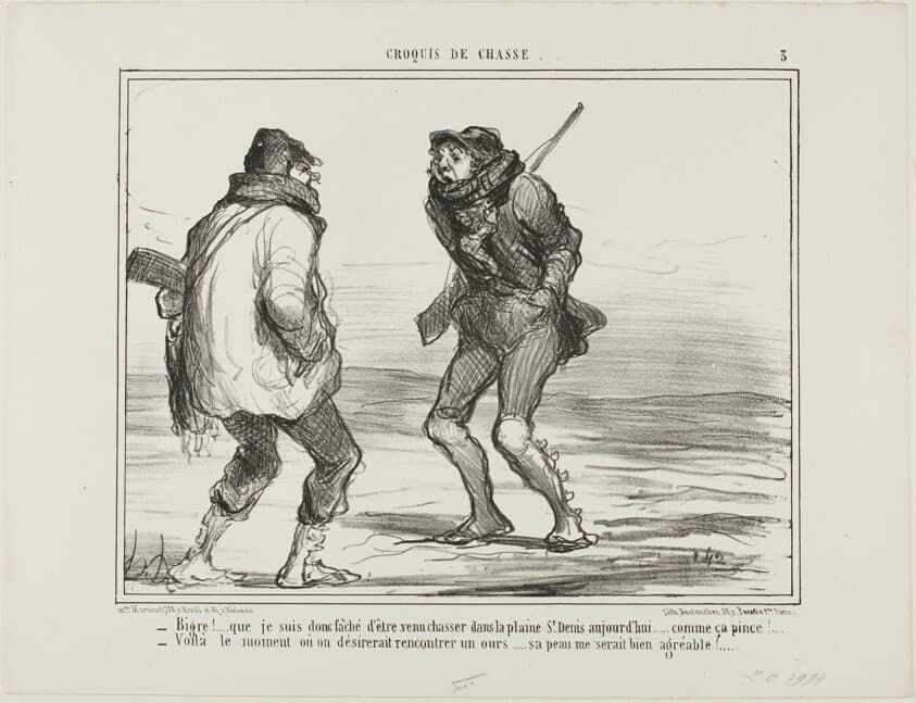 “- Brrrr! I am furious that I came here to hunt in the St. Denis-Plain. It's just too cold!… - One of those days when you would love to catch a bear. His fur would be more than welcome right now!,” plate 3 from Croquis De Chasse — Honoré Daumier