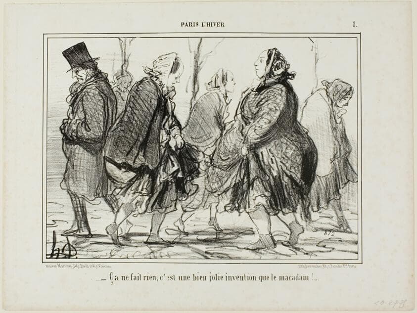 “- That's quite alright... isn't asphalt a marvellous invention?,” plate 1 from Paris L'hiver — Honoré Daumier