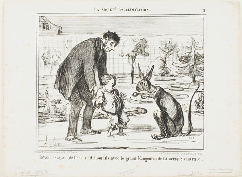 A Scientist Trying to Befriend His Son with a Great Kangaroo from Central America, plate 3 from La Société D'acclimatation — Honoré Daumier