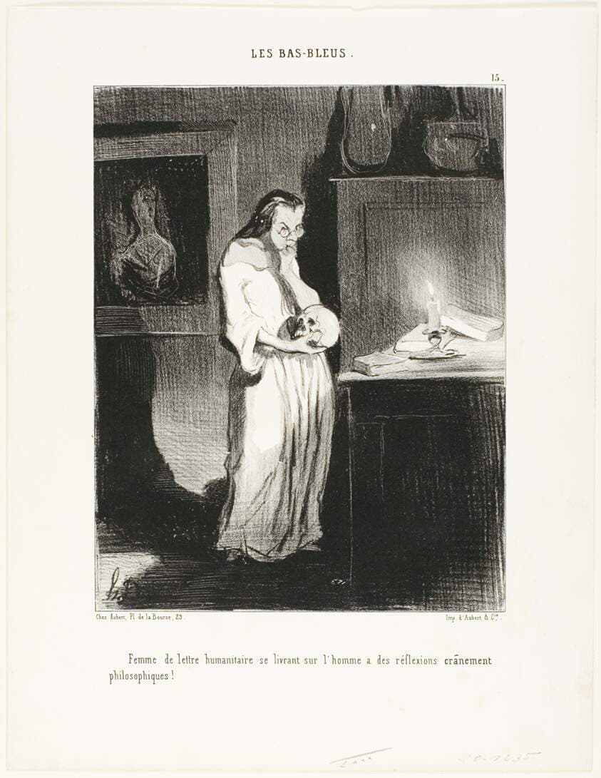 A humanist woman of letters abandoning herself to the cerebral philosophic reflections on the subject of man!, plate 15 from Les Bas-Bleus — Honoré Daumier