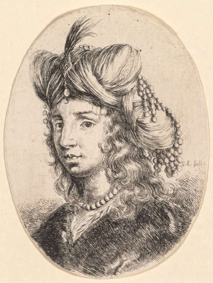 Several heads in the Persian style: Portrait, Sultana Wearing a Pearl Necklace and a Turban (Plusieurs têtes coiffées à la persienne) — Stefano Della Bella