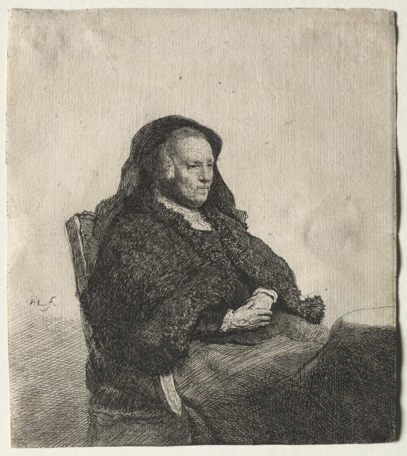 The Artist's Mother Seated at a Table, Looking Right: Three Quarter Length — Rembrandt van Rijn